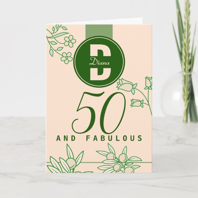 Fungerande 50:e födelsedag Grönt för monogram Blom Kort (Framsida)