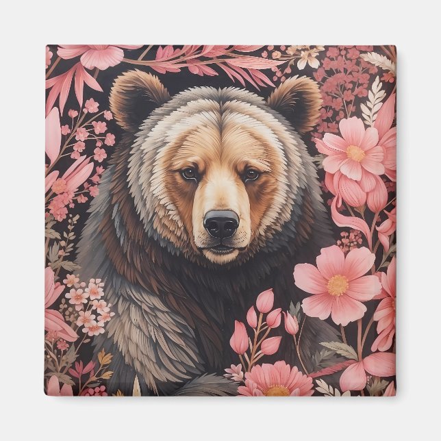 Fungerande Bear Bear Gaze-Rosa Flowers Magnet (Framsidan)