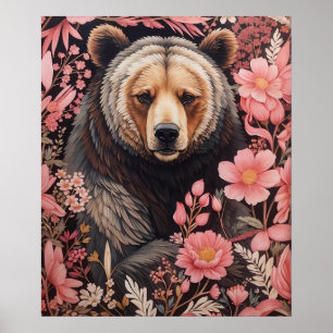 Fungerande Bear Bear Gaze-Rosa Flowers Poster
