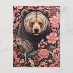 Fungerande Bear Bear Gaze-Rosa Flowers Vykort