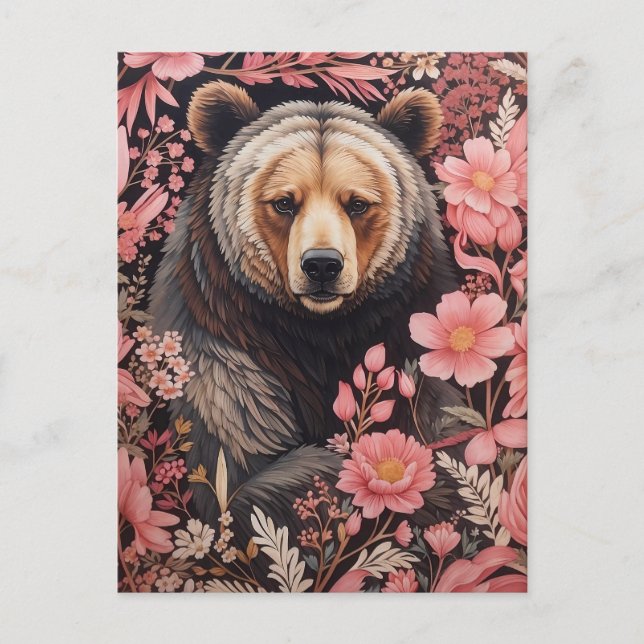 Fungerande Bear Bear Gaze-Rosa Flowers Vykort (Framsida)