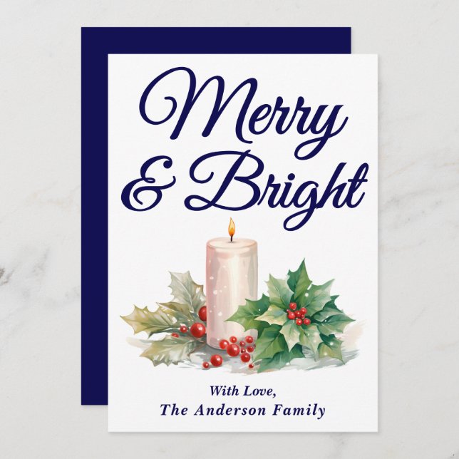 Fungerande blå handskrivet skript - merry & Bright Julkort (Fram/baksida)