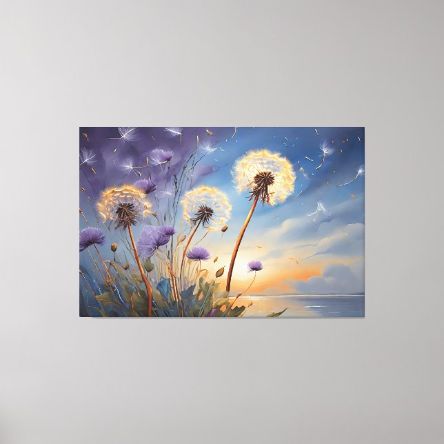 Fungerande dandelioner i Nightsky AI Art Painting Canvastryck (Framsida)