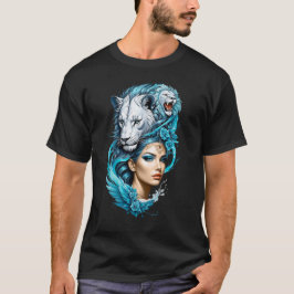 Fungerande kvinna med lejon huvud. t shirt