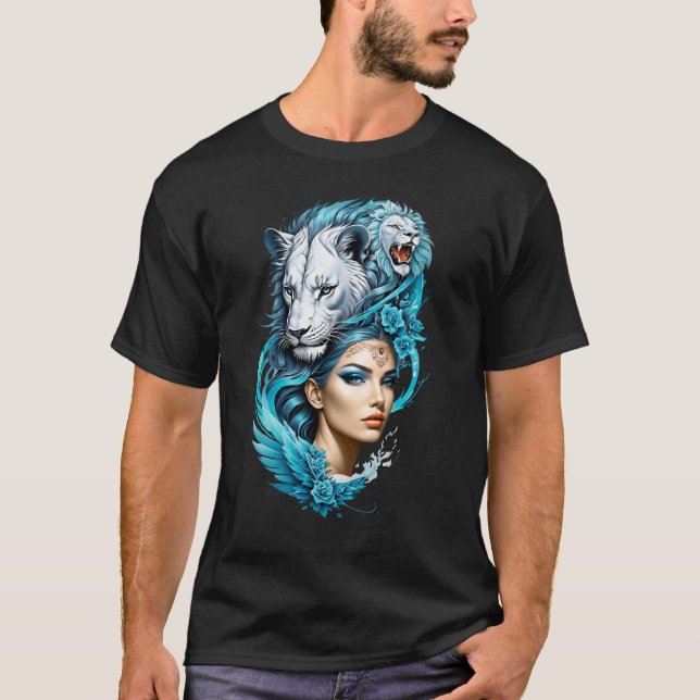 Fungerande kvinna med lejon huvud. t shirt (Framsida)