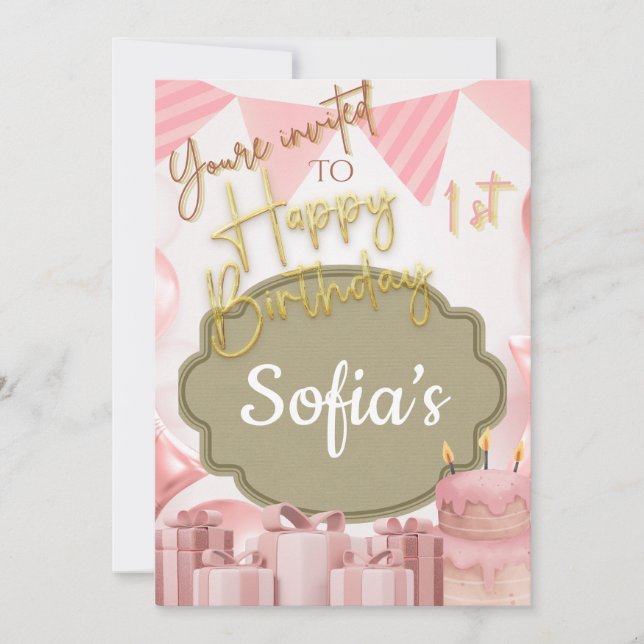 Fungerande Rosa Lycklig 1:a födelsedag Inbjudan (Framsida)