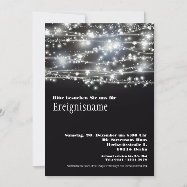 Funkelnde stjärnor fest svartvit inbjudan (Framsida)