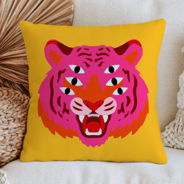 Funkig Tigerhuvud i Rosa Maximalistisk Gult Kudde