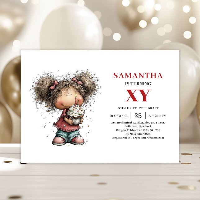 Funkiga söta lilla flicka Whimsical födelsedagsinb Inbjudningar (Funky Cute Little Girl Whimsical Birthday Invitation

)