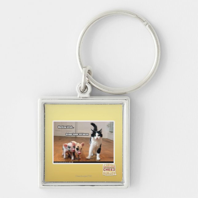 Funktionsduglig kitteh fyrkantig silverfärgad nyckelring (Framsidan)