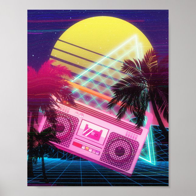 Funky 80-talets rosa boombox med handflatan träd poster (Framsidan)