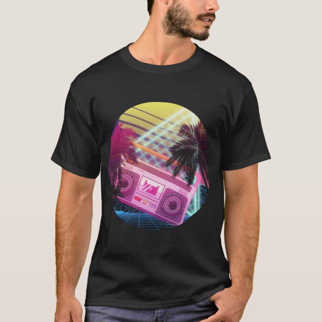 Funky 80-talets rosa boombox med handflatan träd t shirt (Framsida)