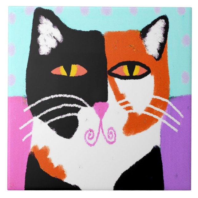 Funky Abstrakt Art Calico Cat Kakelplatta (Framsidan)