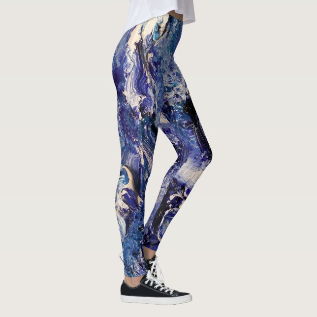 Funky Abstrakt Art Leggings - Blå och vit (Höger)