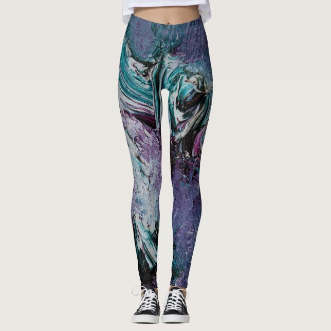 Funky Abstrakt Art Leggings - Lila och Grönt (Framsida)