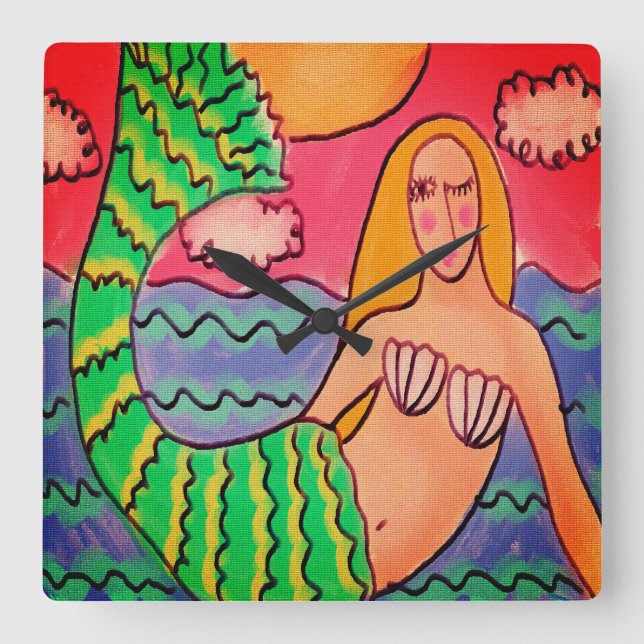 Funky Abstrakt Art-Sjöjungfru Fyrkantig Klocka (Framsida)