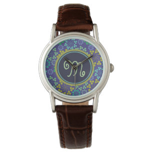 Funky Abstrakt Blue Blommönster Monogram Armbandsur