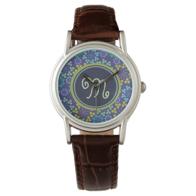 Funky Abstrakt Blue Blommönster Monogram Armbandsur (Framsida)