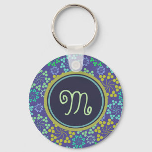 Funky Abstrakt Blue Blommönster Monogram Nyckelring