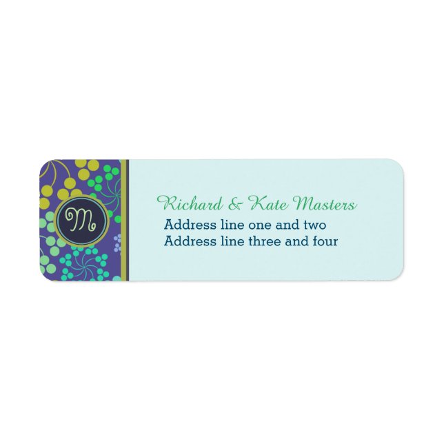 Funky Abstrakt Blue Blommönster Monogram Returadress Etikett (Framsidan)