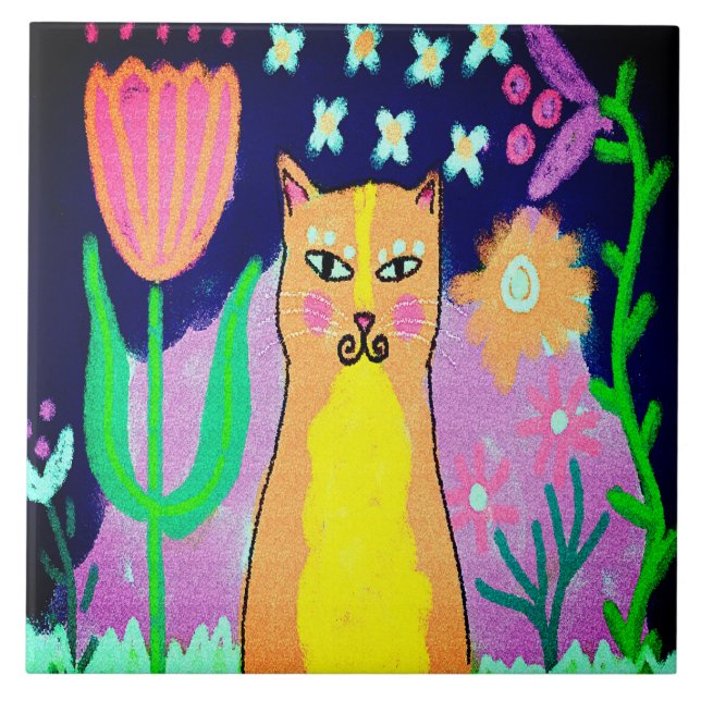 Funky Abstrakt Digital Cat Art Kakelplatta (Framsidan)
