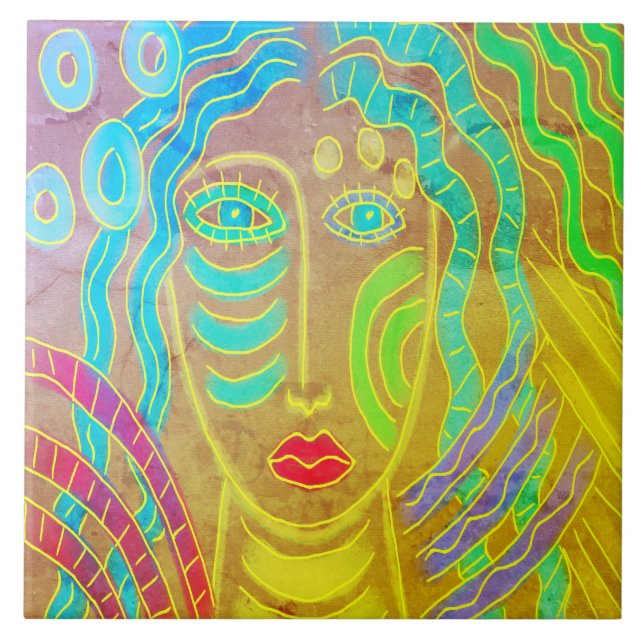Funky Abstrakt Digital Painting of a Women Kakelplatta (Framsidan)