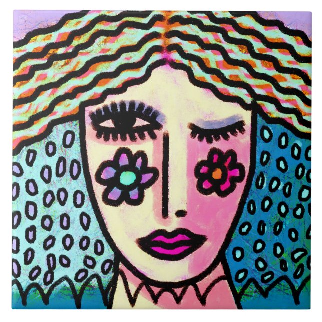 Funky Abstrakt Digital Porträtt från en kvinna Kakelplatta (Framsidan)