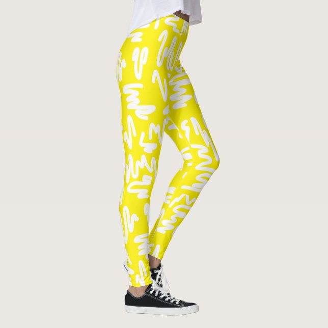 Funky Abstrakt Konst Vit Gul Solig Leggings (Höger)