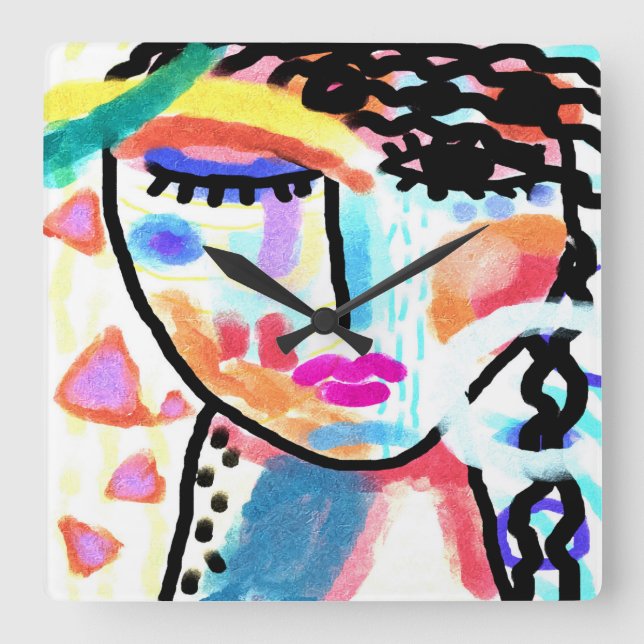 Funky Abstrakt Porträtt i en kvinna Fyrkantig Klocka (Framsida)
