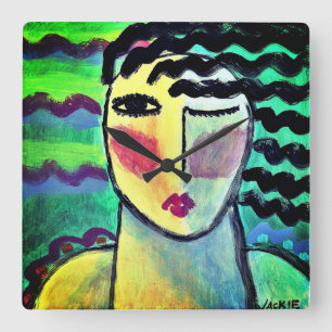 Funky Abstrakt Porträtt i en kvinna Fyrkantig Klocka