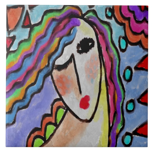 Funky Abstrakt Porträtt till en kvinna Kakelplatta (Framsidan)