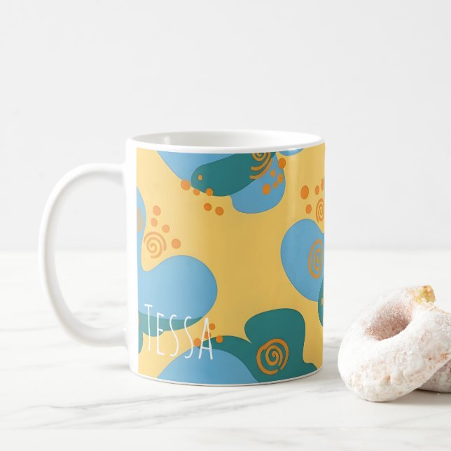 Funky Abstrakt Retro Turkos och Gul Whimsisk Konst Kaffemugg (Med munk)