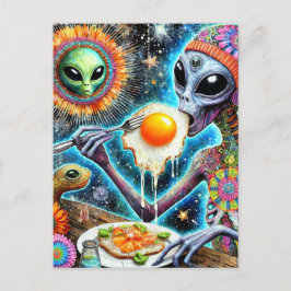 Funky Alien Eating Fried Eggs Vykort