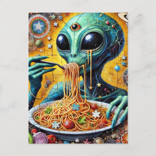 Funky Alien Eating Spaghetti Vykort (Framsida)