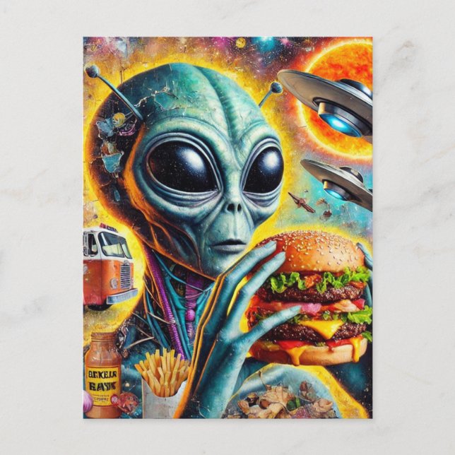 Funky Alien Eats Cheeseburger and Fries Collage Vykort (Framsida)