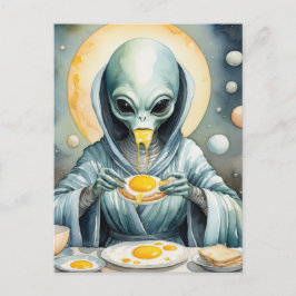 Funky Alien Eats Fried Eggs Runny Yolks Watercolor Vykort