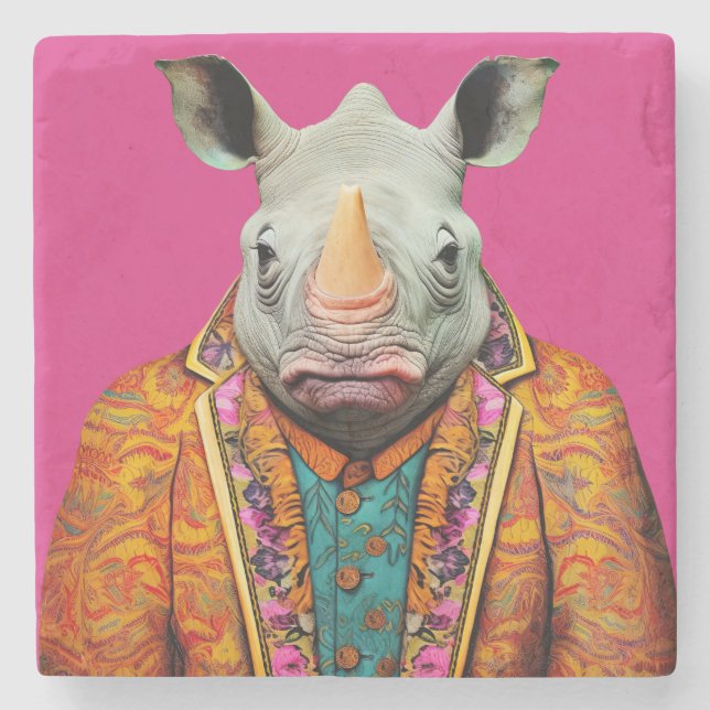 Funky Antropomorf Rhino Porträtt på Shock rosa Stenunderlägg (Framsidan)