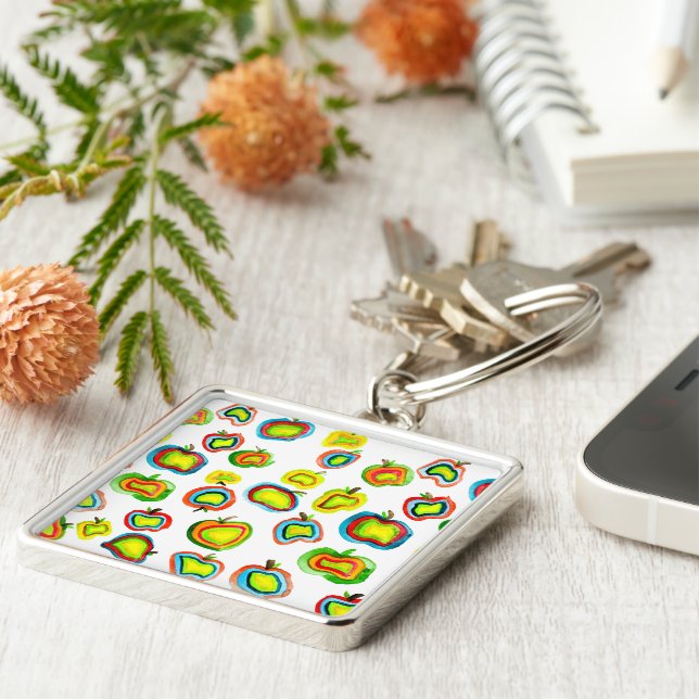 Funky äppelvattenfärg frukt design fyrkantig silverfärgad nyckelring (Sidan)
