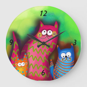 Funky Artsy Colorous Cat Wall Clock Stor Klocka