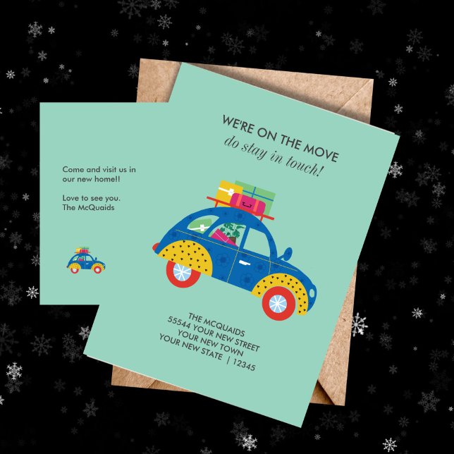 Funky bil flyttar hem  meddelande vykort (Cute colorful car moving announcement post card)