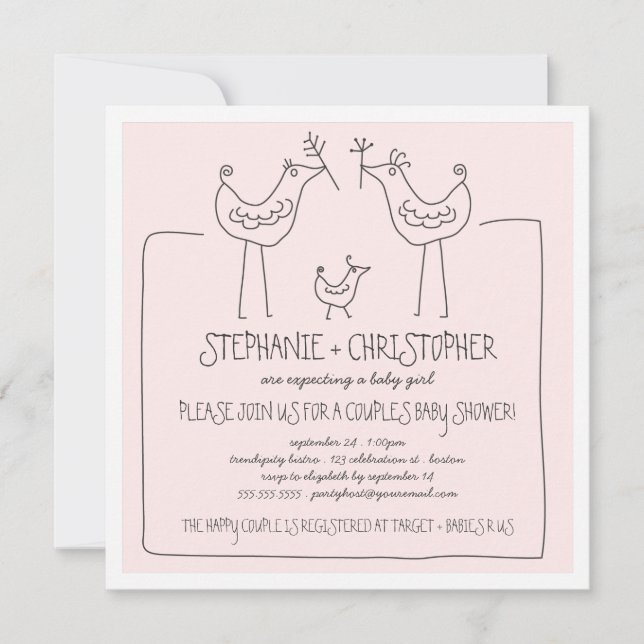 Funky Birds Modern Family Par Baby Shower Inbjudningar (Framsida)