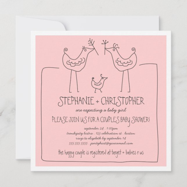 Funky Birds Modern Family Par Baby Shower Inbjudningar (Framsida)