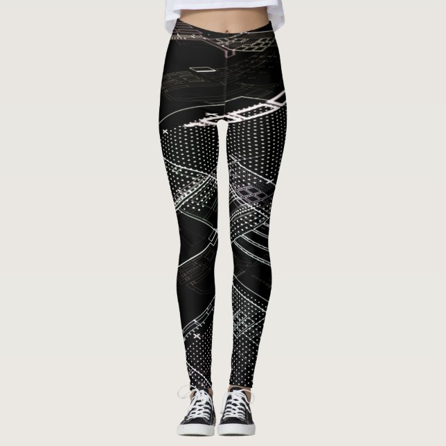 Funky Black White Electronic Circuit Board Retro Leggings (Framsida)