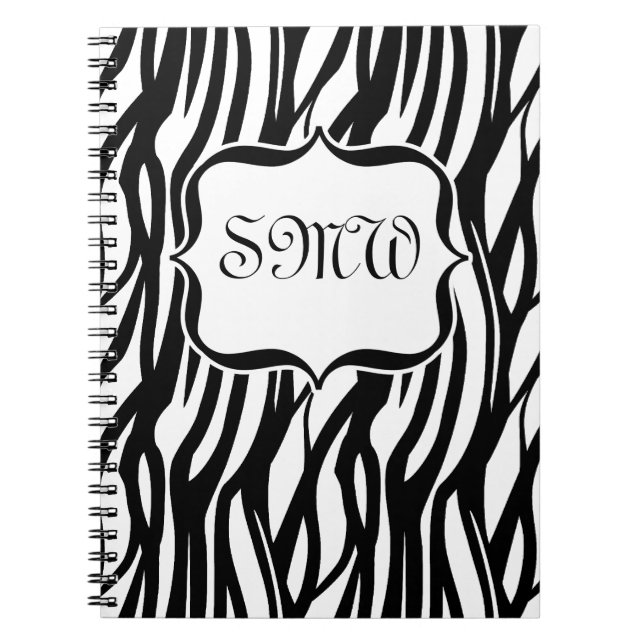 Funky Black/White Zebra Monogram Anteckningsbok Med Spiral (Framsidan)
