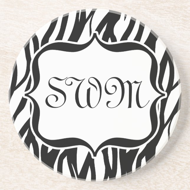 Funky Black/White Zebra Monogram Underlägg Sandsten (Framsidan)