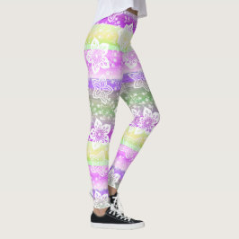 Funky Blommigt Lila Lime Green Rand Mönster Leggings