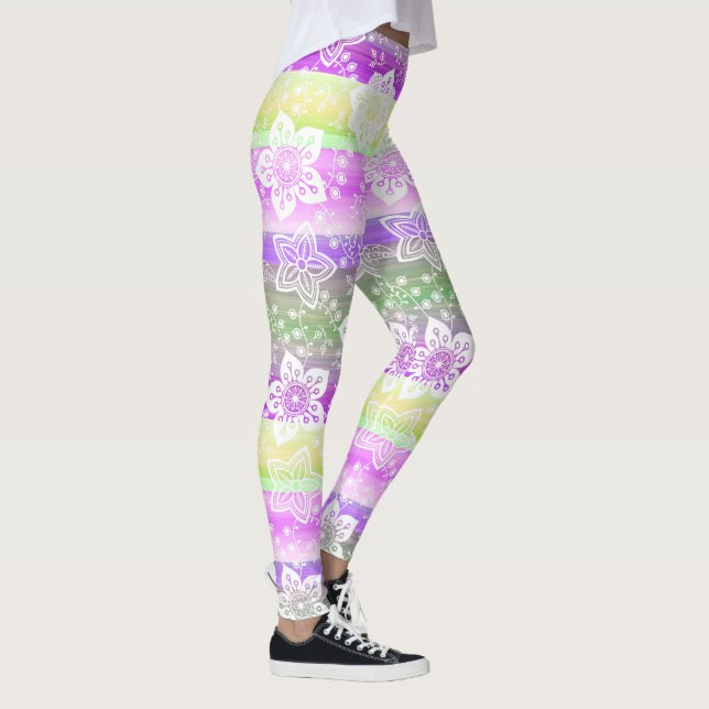 Funky Blommigt Lila Lime Green Rand Mönster Leggings (Höger)