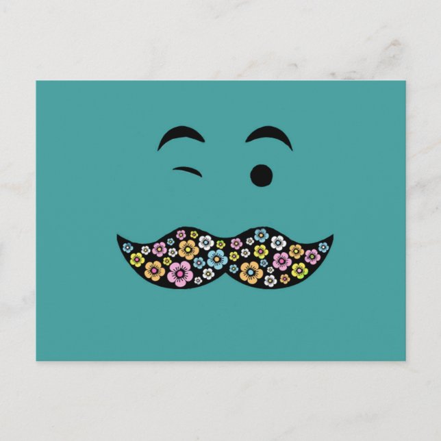 Funky Blommigt Mustache Vykort (Framsida)
