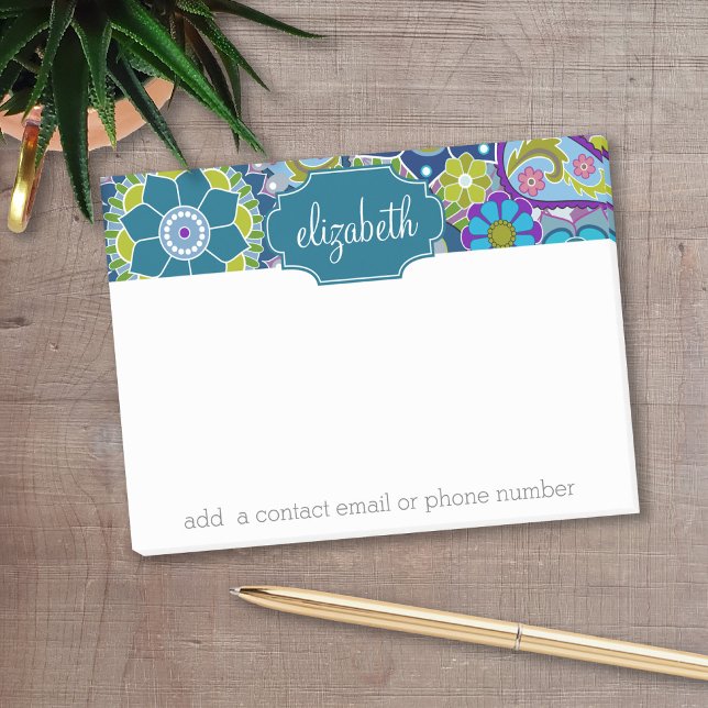 Funky blommönster med anpassat namn post-it block (Personalized post it notes with low quantity. Add your personal touch.)