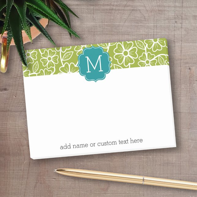 Funky blommönster med Anpassningsbar Teal Monogram Post-it Block (Personalized post-it notes with an area to add your name or other text)